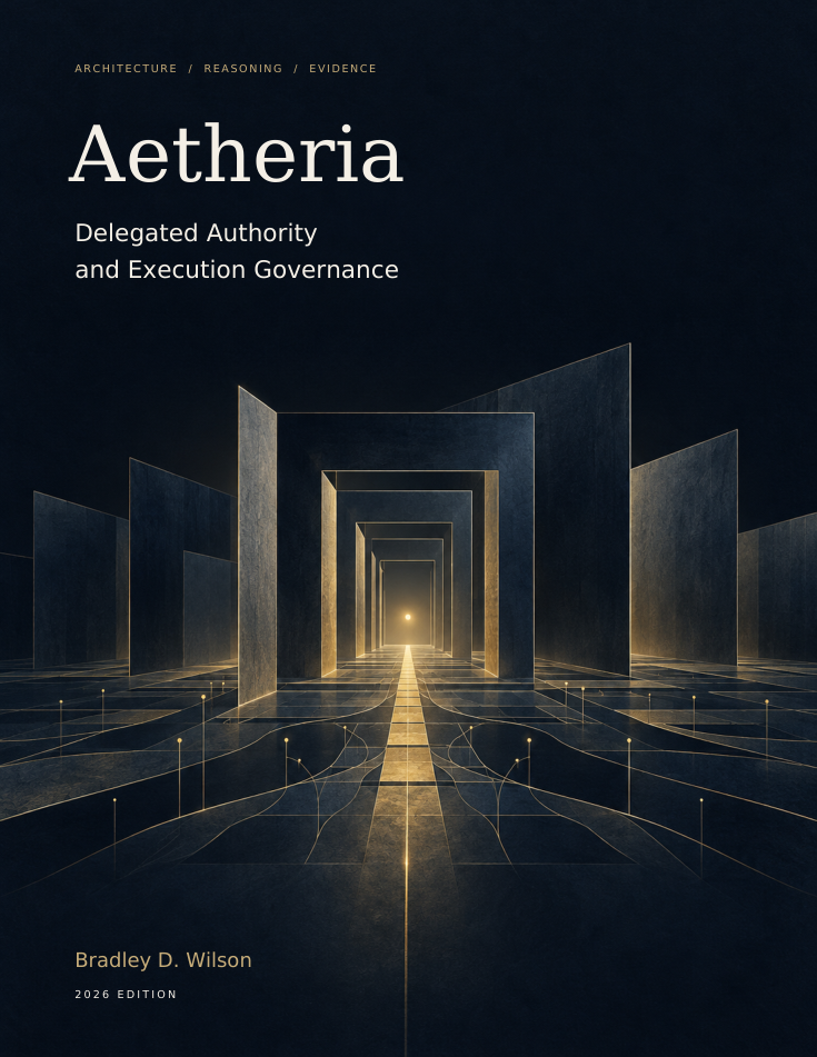 Aetheria: Delegated Authority and Execution Governance, by Bradley D. Wilson. Navy architectural gateways with a gold path.